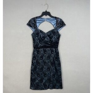 Patra Dress Womens 6 Black Lace Beaded Blue Satin Cocktail Party Cap Sleeve